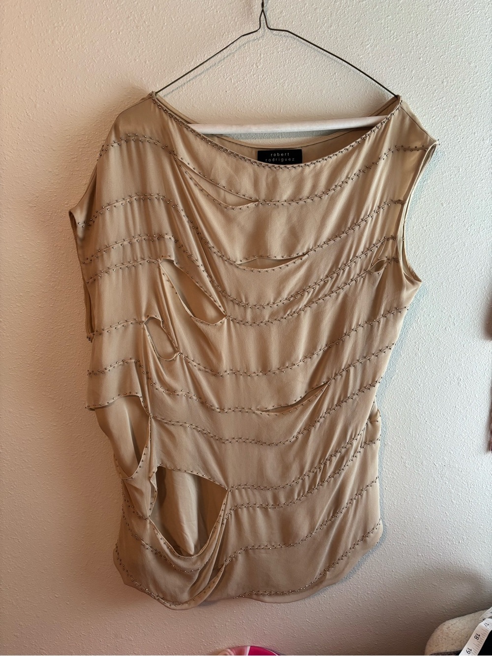 Robert Rodriguez Studded silk ripped Dress party tan y2k nwot size 6 medium